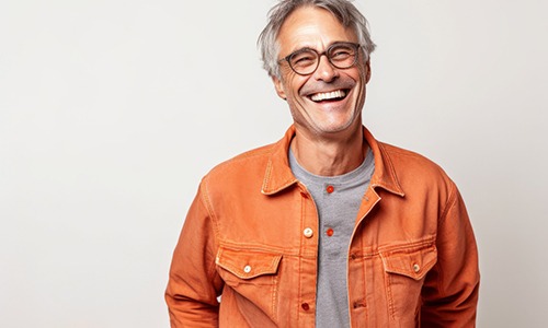 Man in orange shirt and glasses smiling