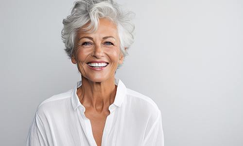 Closeup of woman in white shirt smiling