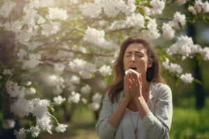 Sneezing woman next to flowering tree